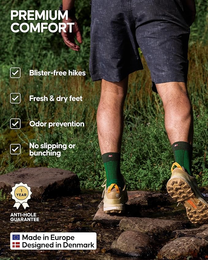 DANISH ENDURANCE Light Hiking Socks, Merino Wool Socks, Anti Blister, Sweat Wicking, Breathable, Men & Women, 3 or 5-Pack