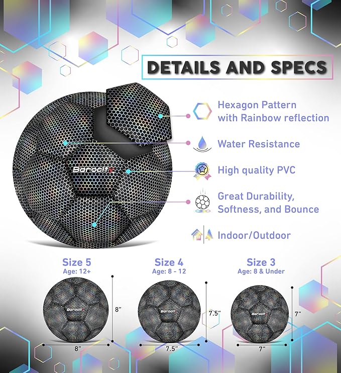 Soccer Ball - Premium Boy and Girl Official Match Ball with Cool Reflective Iridescent Rainbow Hex Pattern, Durable, Indoor, Outdoor, Training, Practice, Playtime and Games