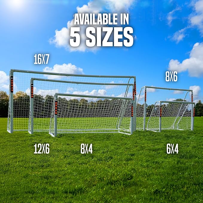 Flick Ultimate All Weather uPVC Soccer Goal with UV treated 70mm thick posts, integrated locking system, and strengthened corners 12x6