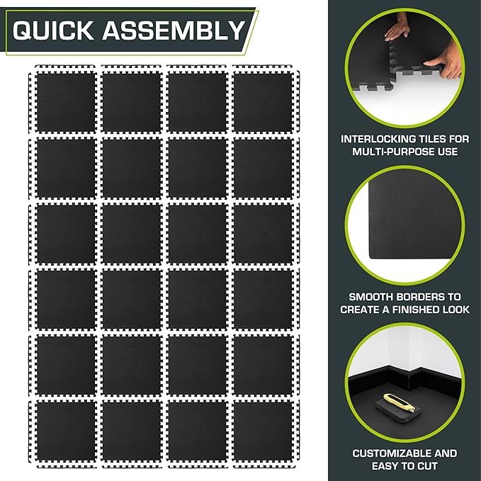 ProsourceFit Extra Thick Puzzle Exercise Mat , EVA Foam Interlocking Tiles for Protective, Cushioned Workout Flooring for Home and Gym Equipment, Black - 3/4 inch - 96 Sq Ft - 24 Tiles