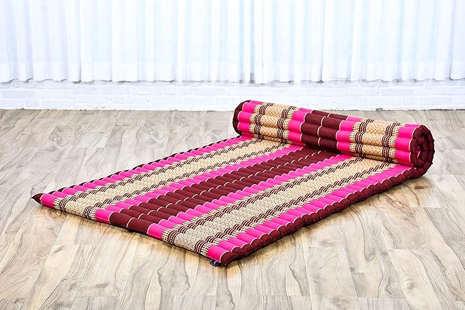 Leewadee - Kapok Roll Mat – Handcrafted Folding Sleep & Relaxation Mattress from Thailand, Ideal as Guest Bed, Camping Mat, Yoga Mat or Traditional Futon, 75 x 39 inches, Auburn Pink
