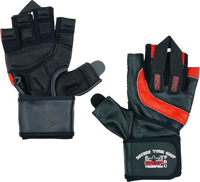 Epic Leather Gym Gloves with Built in 2" Wide Wrist Wraps Grip & Design for Weightlifting Power Lifting Bodybuilding & Strength Training Workout Exercises