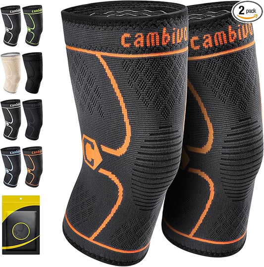 CAMBIVO 2 Pack Knee Brace, Knee Compression Sleeve for Men and Women, Knee Support for Running, Workout, Gym, Hiking, Sports (Orange,X-Large)