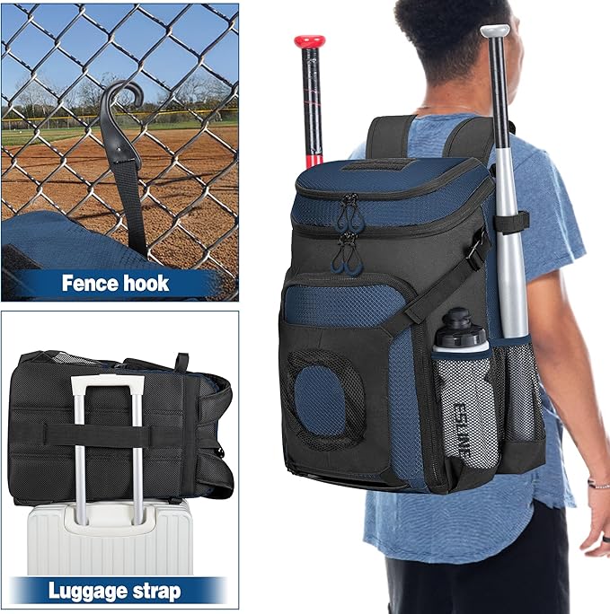Baseball Bag for Adult and Youth, Baseball Backpack Softball Bag with Helmet Holder, Shoe Compartment and Fence Hook