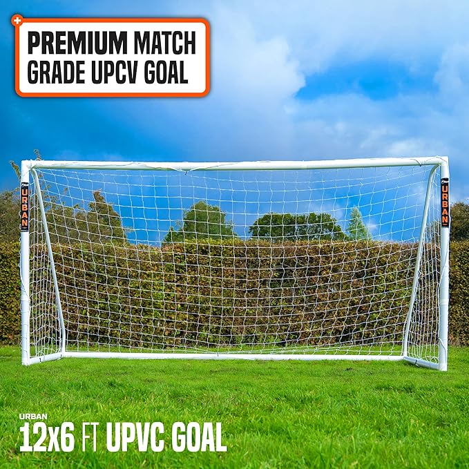 Flick Ultimate All Weather uPVC Soccer Goal with UV treated 70mm thick posts, integrated locking system, and strengthened corners 12x6