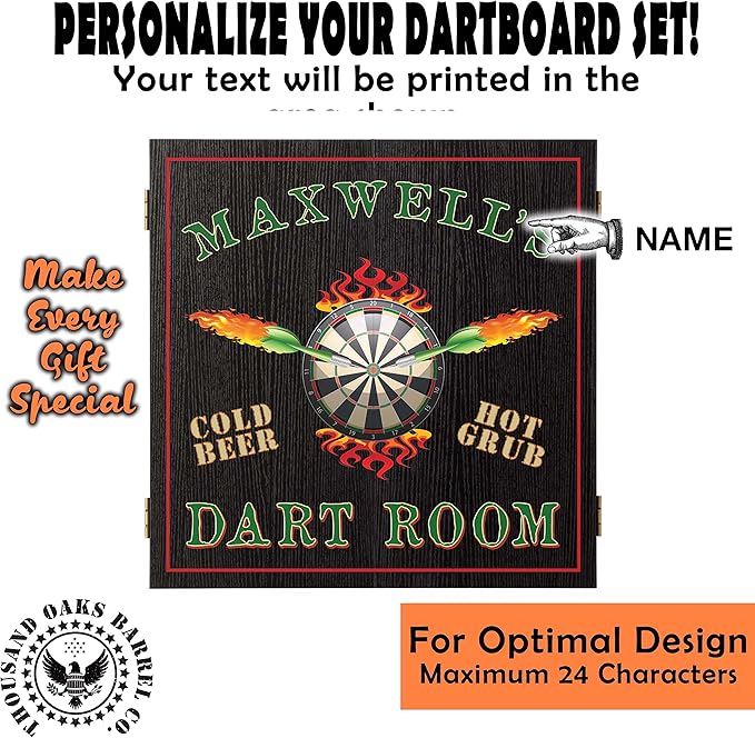 THOUSAND OAKS BARREL CO. | Personalized Dartboard & Cabinet Set with 6 Steel Tip Darts
