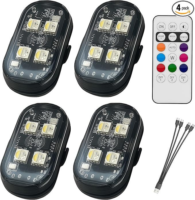 4PCS Wireless LED Strobe Lights with Remote Control, RGB 8 Colors Multifunction, USB Charging Waterproof Anti-Collision Tail Warning Mini Light for Car Motorcycle Trucks Bike Drone Aircraft (4)