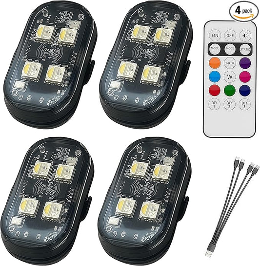4PCS Wireless LED Strobe Lights with Remote Control, RGB 8 Colors Multifunction, USB Charging Waterproof Anti-Collision Tail Warning Mini Light for Car Motorcycle Trucks Bike Drone Aircraft (4)