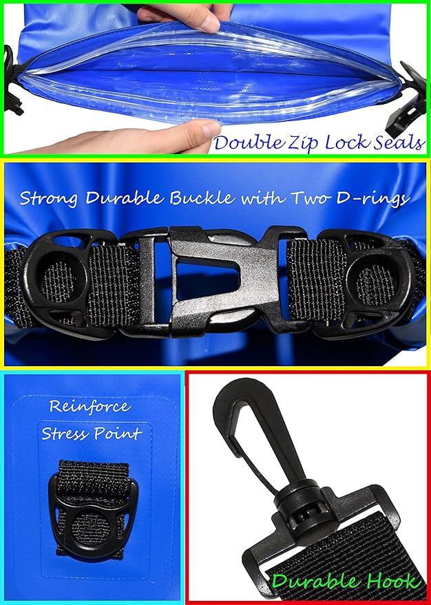 Freegrace Waterproof Dry Bags Set of 3 Dry Bag with 2 Zip Lock Seals & Detachable Shoulder Strap, Waist Pouch & Phone Case - Can Be Submerged Into Water - for Swimming (Navy Blue, 5L)