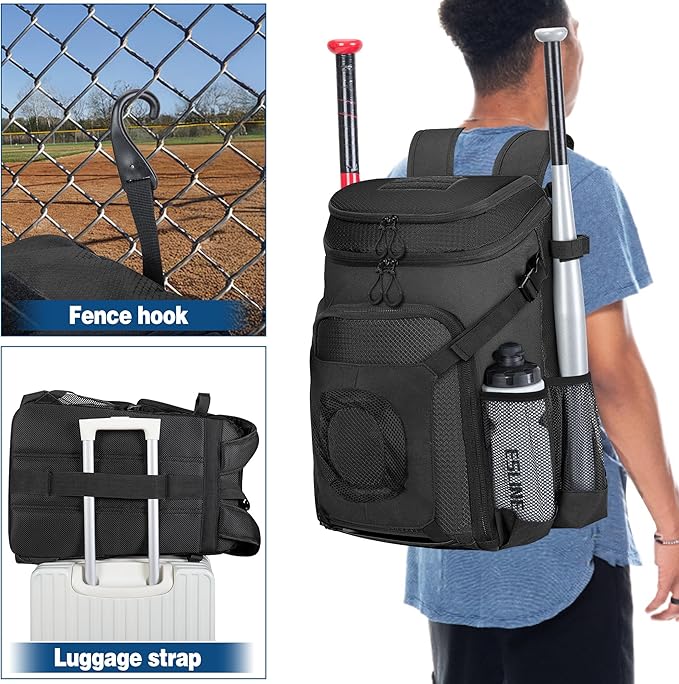 Baseball Bag for Adult and Youth, Baseball Backpack Softball Bag with Helmet Holder, Shoe Compartment and Fence Hook