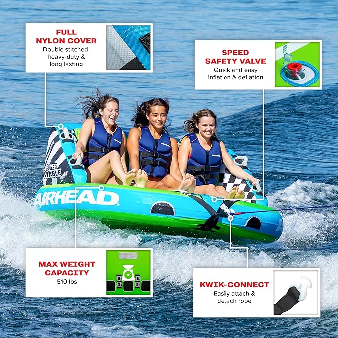 Airhead Mable Inflatable Towable Tube, 1-4 Rider Models, Dual Tow Points, Full Nylon Cover, EVA Foam Pads, Patented Speed Valve, Boat Tubes and Towables