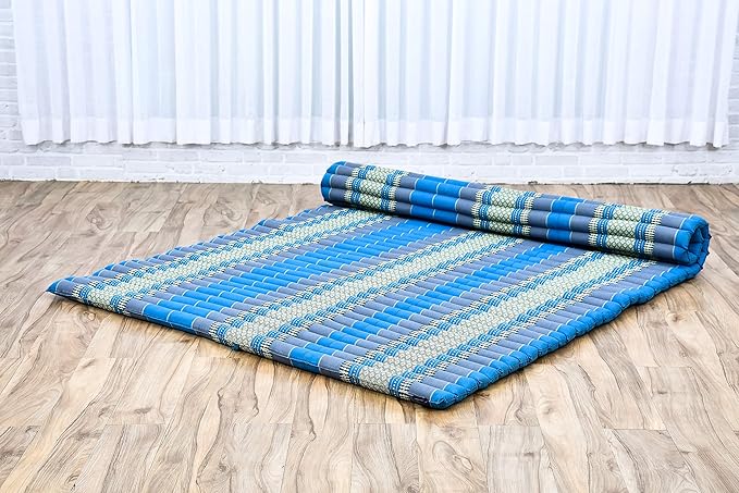 Leewadee - Foldable Floor Mattress - Japanese Roll Up Futon -Trifold Tatami Mat- Guest Floor Bed - Camping Mattress - Thai Massage Mat, Kapok Filled, 75 x 57 inches, Light Blue