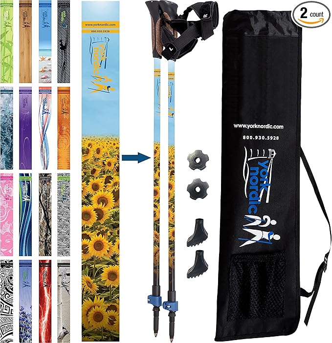 Official Nordic Walking Poles - True Classic Nordic Glove Grips, Lightweight, Adjustable, and Collapsible -2 Pieces w/flip Locks, Detachable Feet and Travel Bag by York Nordic - Heights 5'4"-6'2"