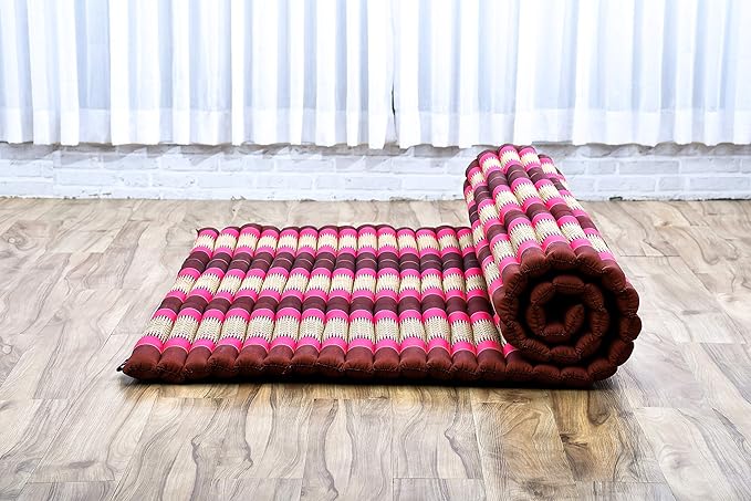 Leewadee - Foldable Floor Mattress - Japanese Roll Up Futon -Trifold Tatami Mat- Guest Floor Bed - Camping Mattress - Thai Massage Mat, Kapok Filled, 75 x 57 inches, Auburn Pink