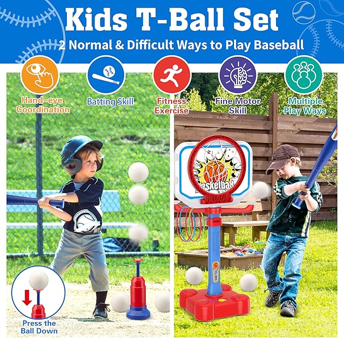 4 in 1 Toddler Basketball Hoop and T Ball Set, Toss Ring Game Kids Toys, Adjustable Height Kids Basketball Hoop Pool Toys Indoor Outdoor Sports, Gifts for Boys Girls Outdoor Toys for Toddlers 3-5 2-4