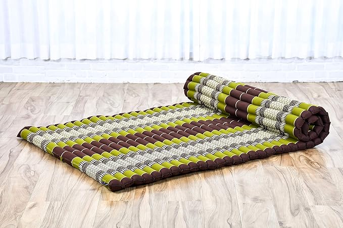 Leewadee - Kapok Roll Mat – Handcrafted Folding Sleep & Relaxation Mattress from Thailand, Ideal as Guest Bed, Camping Mat, Yoga Mat or Traditional Futon, 75 x 39 inches, Brown Green