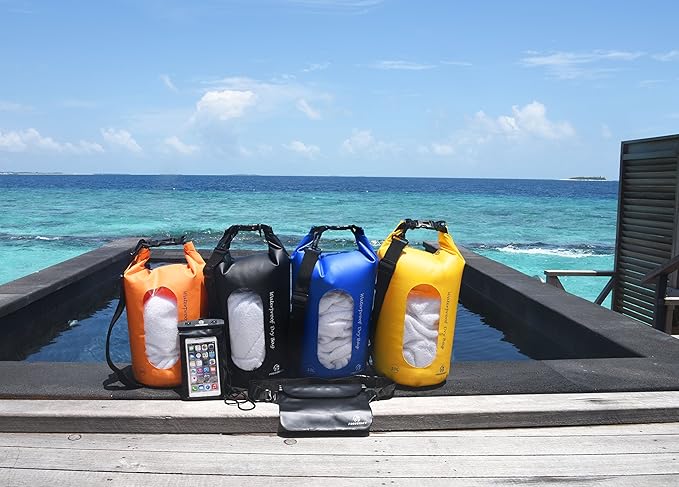 Freegrace Waterproof Dry Bags Set of 3 Dry Bag with 2 Zip Lock Seals & Detachable Shoulder Strap, Waist Pouch & Phone Case - Can Be Submerged Into Water - for Swimming (Orange(Window), 10L)