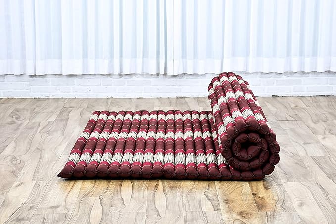 Leewadee - Foldable Floor Mattress - Japanese Roll Up Futon -Trifold Tatami Mat- Guest Floor Bed - Camping Mattress - Thai Massage Mat, Kapok Filled, 75 x 57 inches, Brown Red