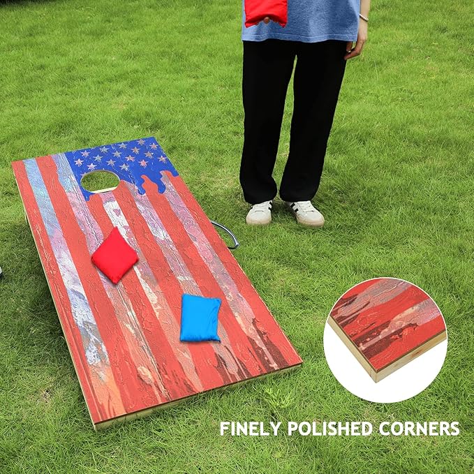 UKASE Solid Wood Regulation Size Cornhole Set Portable Bean Bags Toss Game with Durable Wood Grain Printed Surface and Underneath for Indoor and Outdoor