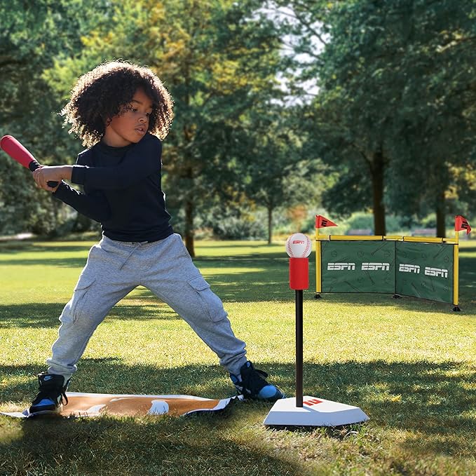 ESPN Batting Tee for Kids Includes Tee Ball Bat, Foam Ball, Home Run Fence, and Batter’s Box