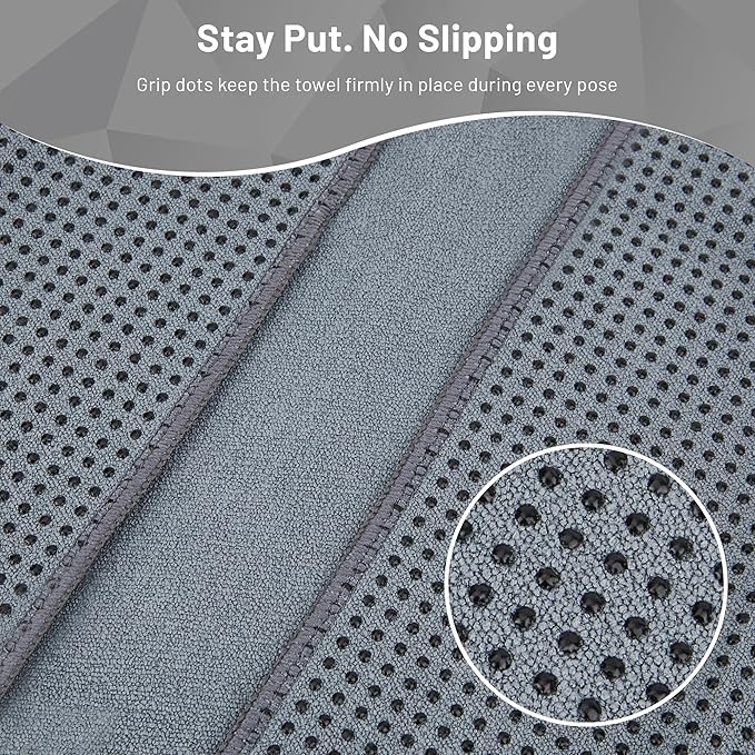 Non Slip Hot Yoga Towel with Grip Dots – Sweat Absorbent Microfiber Yoga Mat Towel for Hot Yoga, Pilates, Bikram & Fitness – 72"x24" Anti-Slip, Quick-Dry, Machine Washable