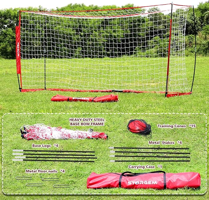 Storgem Soccer Goal,Soccer Net,Soccer Goals for Backyard,with Bow Frame,Collapsible Metal Base and 15 Training Cones