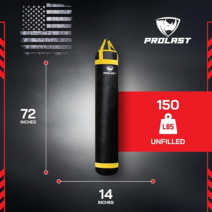 PROLAST Heavy Punching Kicking Bag for Adults, Boxing, MMA, Martial Arts, Muay Thai, Strength Training Equipment, Filled, 6ft, 150 lbs, Colored Trim Strap, Rhino Logo