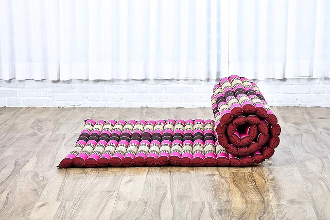 Leewadee - Kapok Roll Mat – Handcrafted Folding Sleep & Relaxation Mattress from Thailand, Ideal as Guest Bed, Camping Mat, Yoga Mat or Traditional Futon, 75 x 39 inches, Auburn Pink