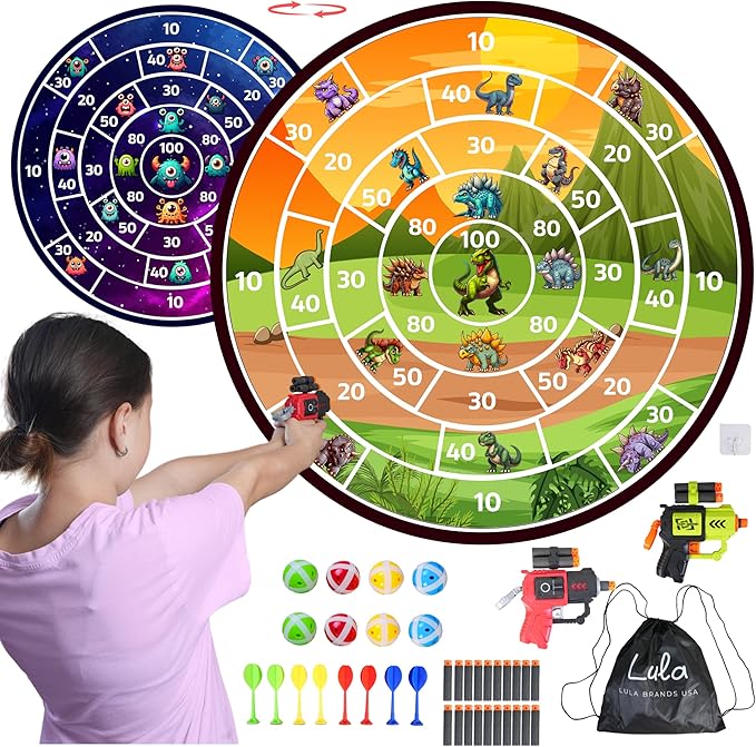 Lula Brands Dart Board for Kids w/Backpack, Shoot Sticky Darts, Balls & Darts, Large 29” Double Sided Indoor Outdoor Sport Party Game, 4 Children Boys Girls 5 6 7 8 9 10 11 12 13