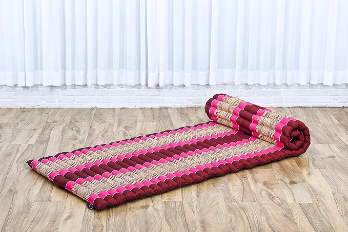 Leewadee - Foldable Floor Mattress - Japanese Roll Up Futon -Trifold Tatami Mat- Guest Floor Bed - Camping Mattress - Thai Massage Mat, Kapok Filled, 75 x 28 inches, Auburn Pink