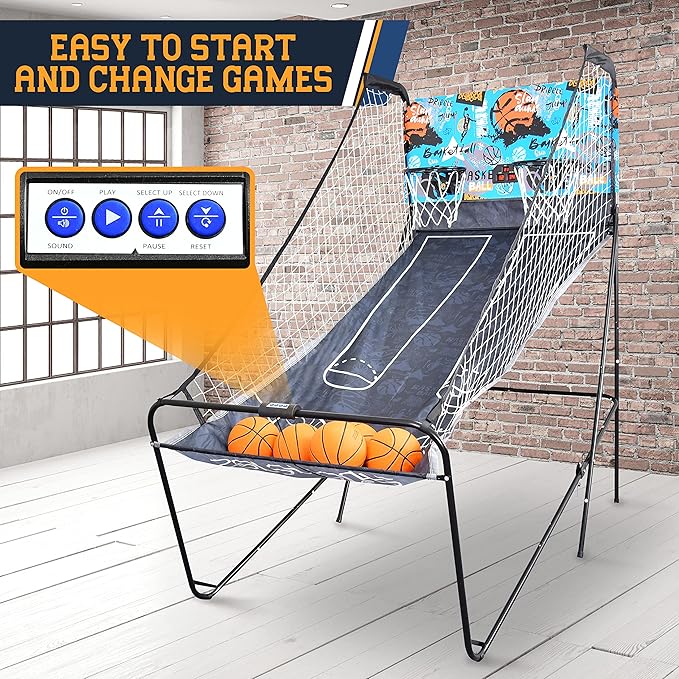 SereneLife Dual Hoop Basketball Shootout Indoor Home Arcade Room Game with Electronic LED Double Basketball Shot Scoreboard & Play Timer, Fold-up Court Shooting Sports for Kids&Adults Player