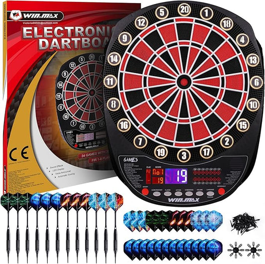 WIN.MAX Electronic Dart Board Soft Tip Dartboard Set LED Displays 3 Languages with 12 Darts 100 Tips Power Adapter