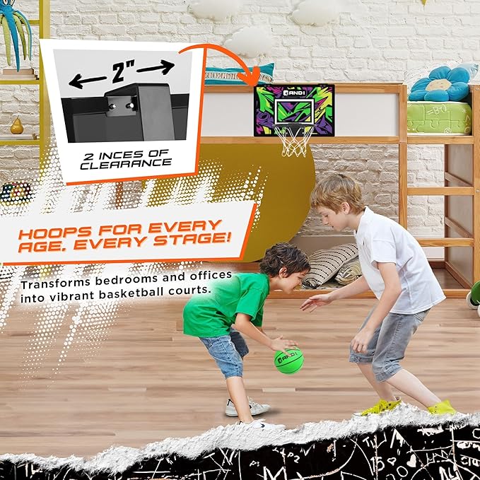 AND1 Over the Door Mini Basketball Hoop: 18x12 Shatterproof Backboard, 2 Mini Basketballs, and Hand Pump Included- Ultimate Indoor Basketball Accessory for Kids and Adults, No Tools Required