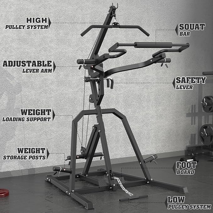 DONOW Leverage Gym Power Rack Squat Rack Lever Gym with LAT Low Row System Home Gym System Workout Station 2:1 Ratio (Without Weight Plates)