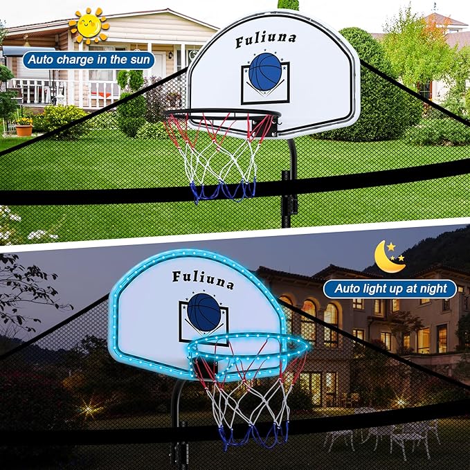 Trampoline Basketball Hoop with LED Lights, Solar Powered Basketball Hoop for Trampoline Fits for Straight Pole & Curved Pole, Trampoline Basketball Hoop Attachment with Mini Ball and Pump.