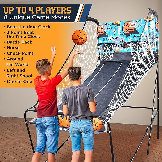 SereneLife Dual Hoop Basketball Shootout Indoor Home Arcade Room Game with Electronic LED Double Basketball Shot Scoreboard & Play Timer, Fold-up Court Shooting Sports for Kids&Adults Player