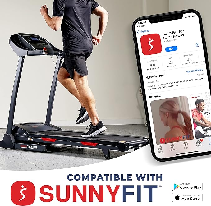 Sunny Health & Fitness Smart Performance Folding Treadmill with Adjustable Incline and Free SunnyFit App Bluetooth Connection