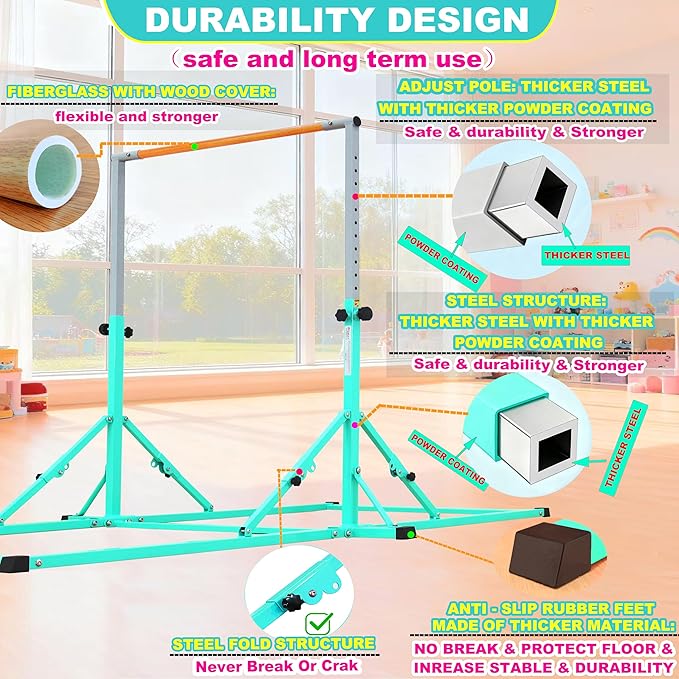 MARFULA Gymnastic Bar for Kid and Teenage Ages 3-25, 5 FT / 8 FT Base Length, 4 FT Width 5 FT Height, Gymnastic Kip Bar Horizontal Bar for Gymnast, Gymnastic Training Equipment for Home and Club Use