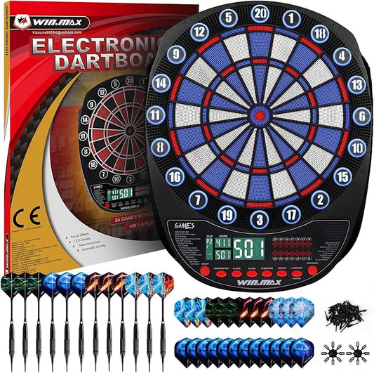 WIN.MAX Electronic Dart Board Soft Tip Dartboard Set LED Displays 3 Languages with 12 Darts 100 Tips Power Adapter
