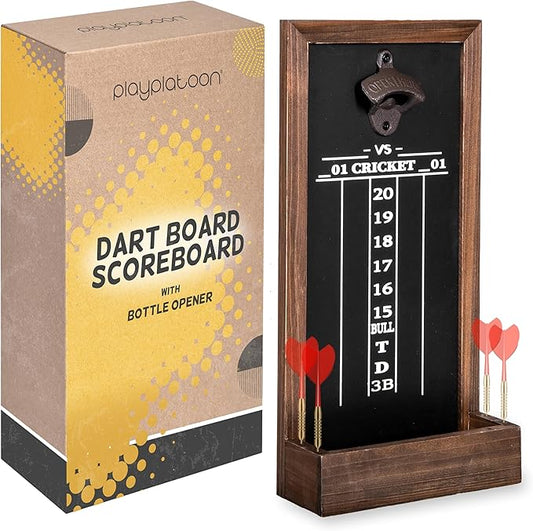 Play Platoon Dart Scoreboard & Darts Holder Wall Mount with Bottle Opener - Wood Score Board, Professional Darts Accessories, Dart Holder