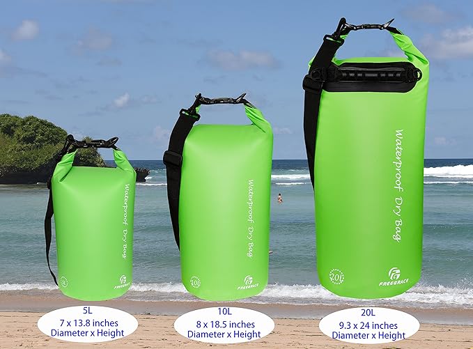 Freegrace Waterproof Dry Bags Set of 3 Dry Bag with 2 Zip Lock Seals & Detachable Shoulder Strap, Waist Pouch & Phone Case - Can Be Submerged Into Water - for Swimming (Green, 10L)