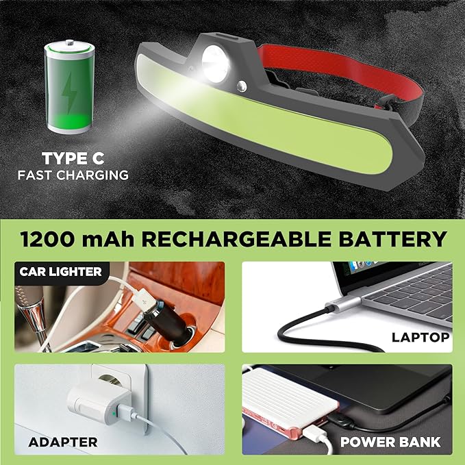 2 Pack LED headlamp rechargeable, 1200 mAh battery head lamp with 6 lightning modes, Red safety headlight with adjustable light angle, led headlights high and low beam for camping, hiking, running