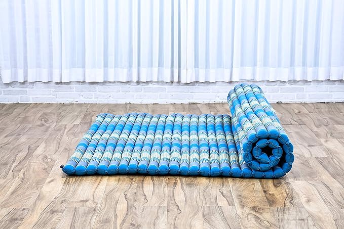 Leewadee - Foldable Floor Mattress - Japanese Roll Up Futon -Trifold Tatami Mat- Guest Floor Bed - Camping Mattress - Thai Massage Mat, Kapok Filled, 75 x 57 inches, Light Blue