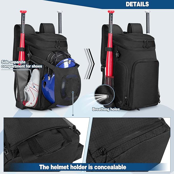 Baseball Bag for Adult and Youth, Baseball Backpack Softball Bag with Helmet Holder, Shoe Compartment and Fence Hook