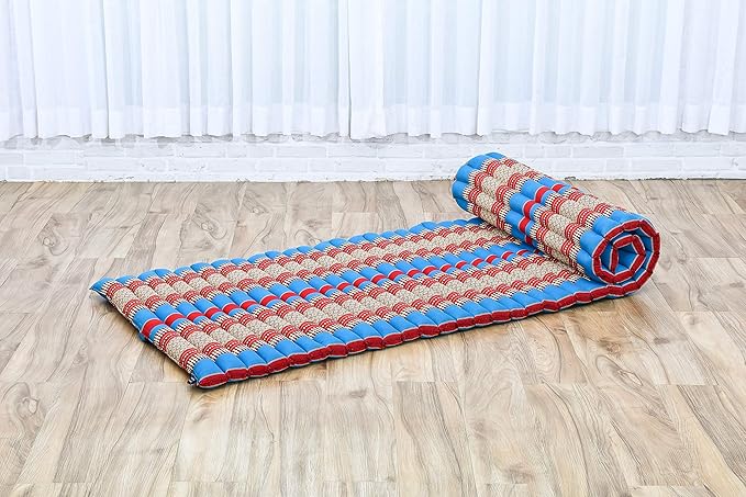 Leewadee - Foldable Floor Mattress - Japanese Roll Up Futon -Trifold Tatami Mat- Guest Floor Bed - Camping Mattress - Thai Massage Mat, Kapok Filled, 75 x 28 inches, Blue Red