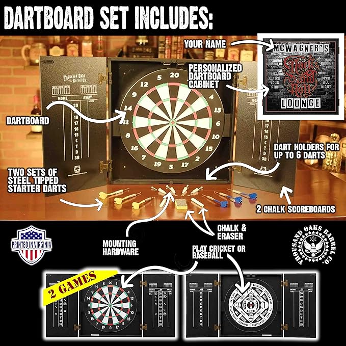 THOUSAND OAKS BARREL CO. | Personalized Dartboard & Cabinet Set with 6 Steel Tip Darts