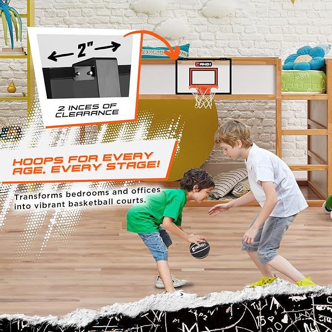 AND1 Over the Door Mini Basketball Hoop: 18x12 Shatterproof Backboard, 2 Mini Basketballs, and Hand Pump Included- Ultimate Indoor Basketball Accessory for Kids and Adults, No Tools Required