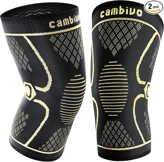 CAMBIVO Knee Brace for Women Men, 2 Pack Knee Compression Sleeve, Knee Support for Meniscus Tear, Running, Weightlifting, Workout, ACL, Arthritis, Joint Pain Relief(Gold, X-Large)