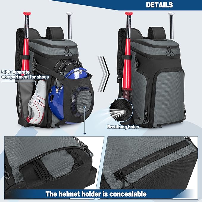 Baseball Bag for Adult and Youth, Baseball Backpack Softball Bag with Helmet Holder, Shoe Compartment and Fence Hook