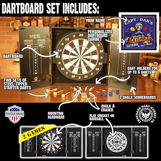 THOUSAND OAKS BARREL CO. | Personalized Dartboard & Cabinet Set with 6 Steel Tip Darts